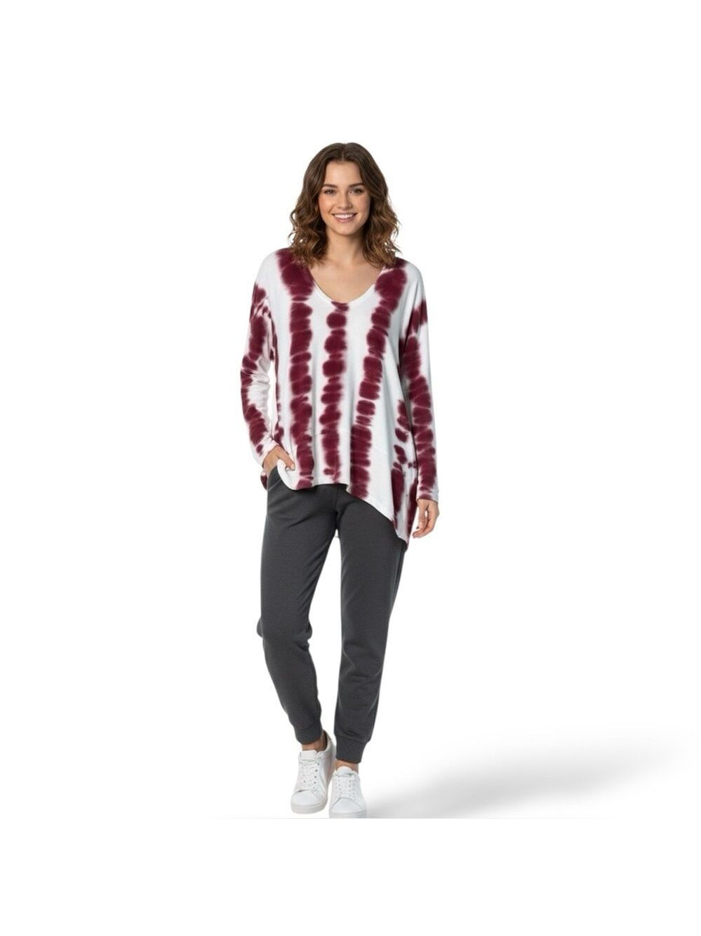 XCVI Long Sleeve Rayon Blend Knit Hi Lo Burgundy Tie Dye Print Top US Sz L